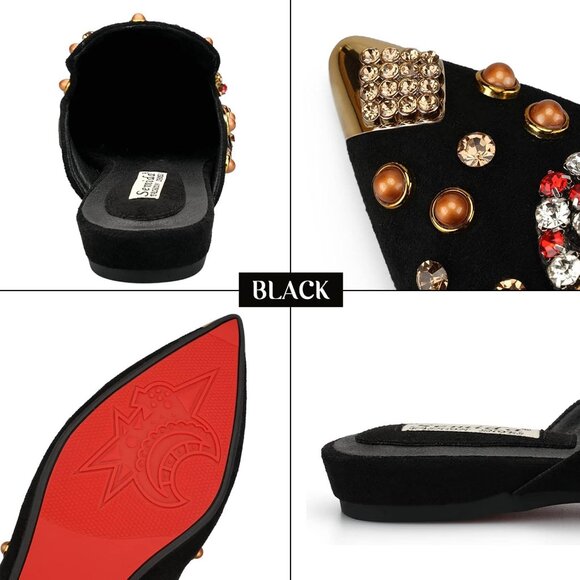 Women's Black Flats Comfortable Soft Insole Pointed Cherry Mule Shoes - Picture 4 of 5